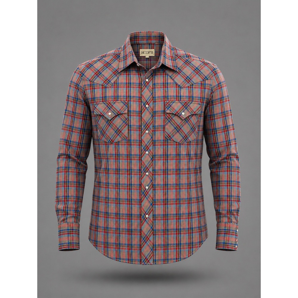 Vintage Hoofs Mens Red Blue Plaid‎ Western Pearl Snap Shirt Large Cowboy L/S